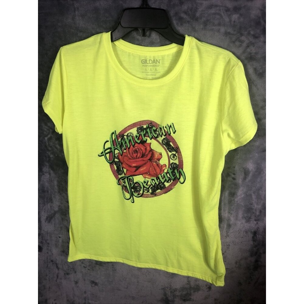 Gildan Womens American Beauty Graphic T-Shirt Neon Yellow Cotton Blend Short Sle - Picture 3 of 9